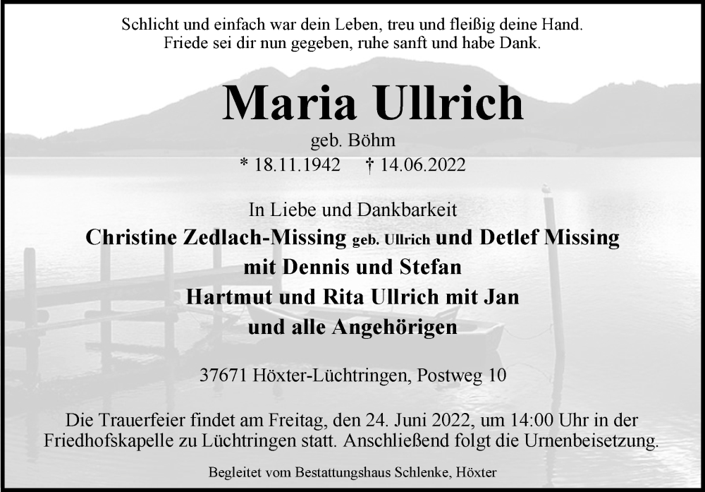  Traueranzeige für Maria Ullrich vom 20.06.2022 aus Westfalen-Blatt