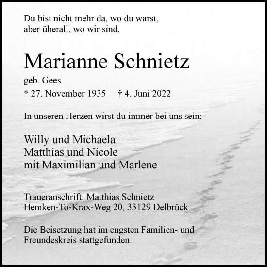 Traueranzeige von Marianne Schnietz von Westfalen-Blatt