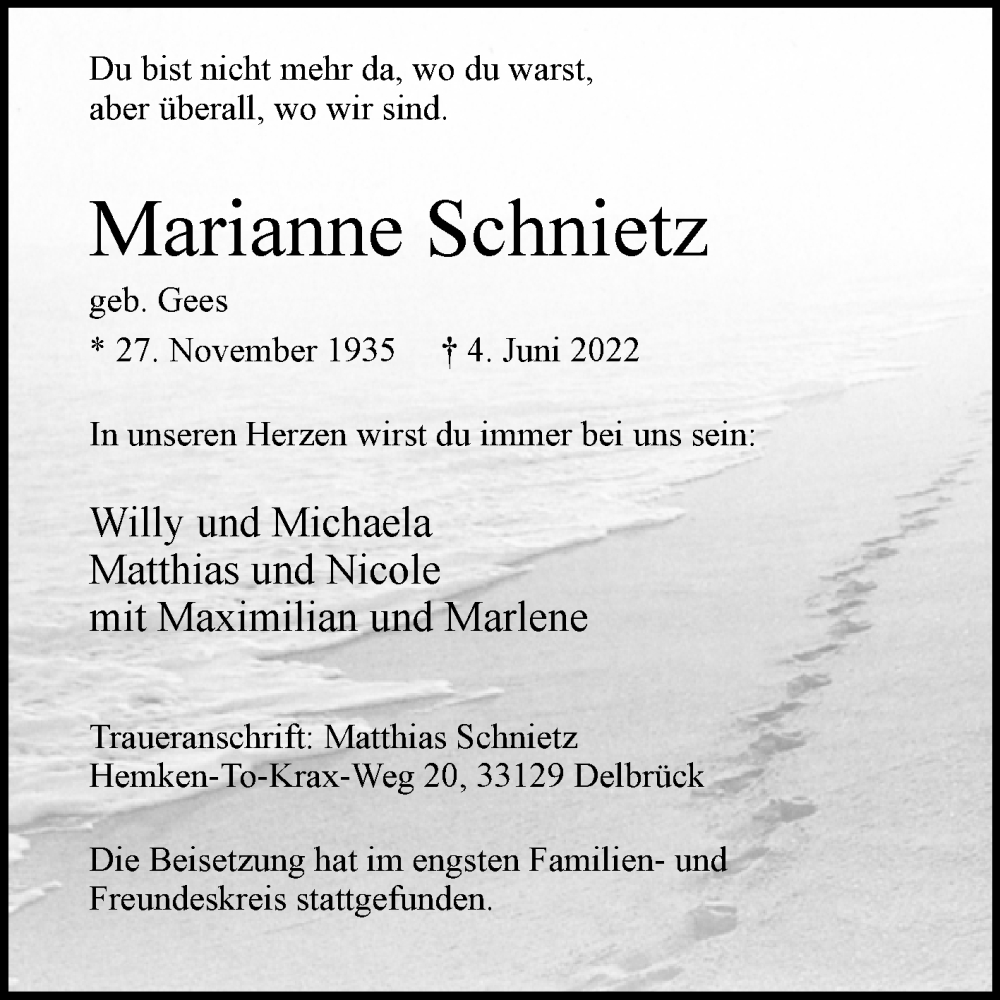  Traueranzeige für Marianne Schnietz vom 15.06.2022 aus Westfalen-Blatt