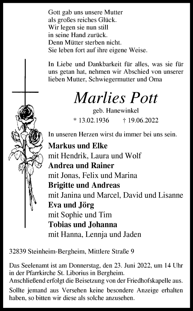  Traueranzeige für Marlies Pott vom 21.06.2022 aus Westfalen-Blatt