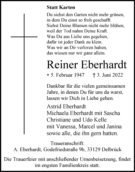 Traueranzeige von Reiner Eberhardt von Westfalen-Blatt