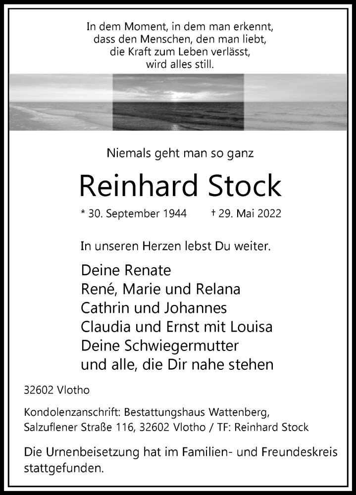  Traueranzeige für Reinhard Stock vom 08.06.2022 aus Westfalen-Blatt