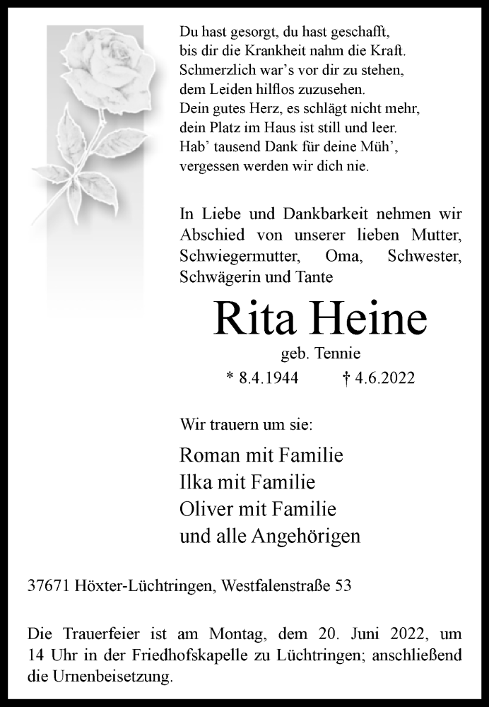  Traueranzeige für Rita Heine vom 08.06.2022 aus Westfalen-Blatt