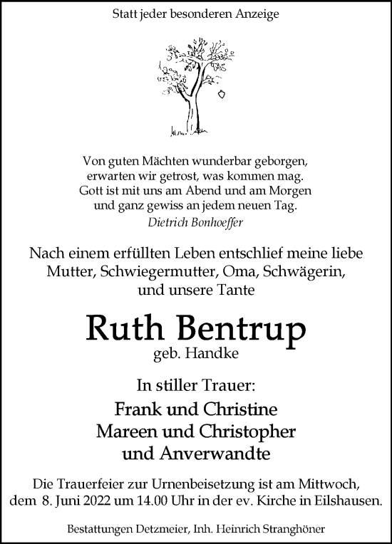 Traueranzeige von Ruth Bentrup von Westfalen-Blatt