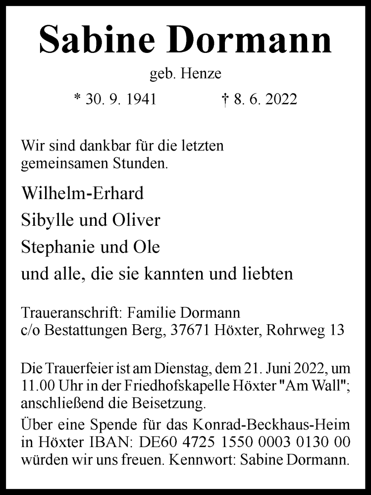  Traueranzeige für Sabine Dormann vom 15.06.2022 aus Westfalen-Blatt