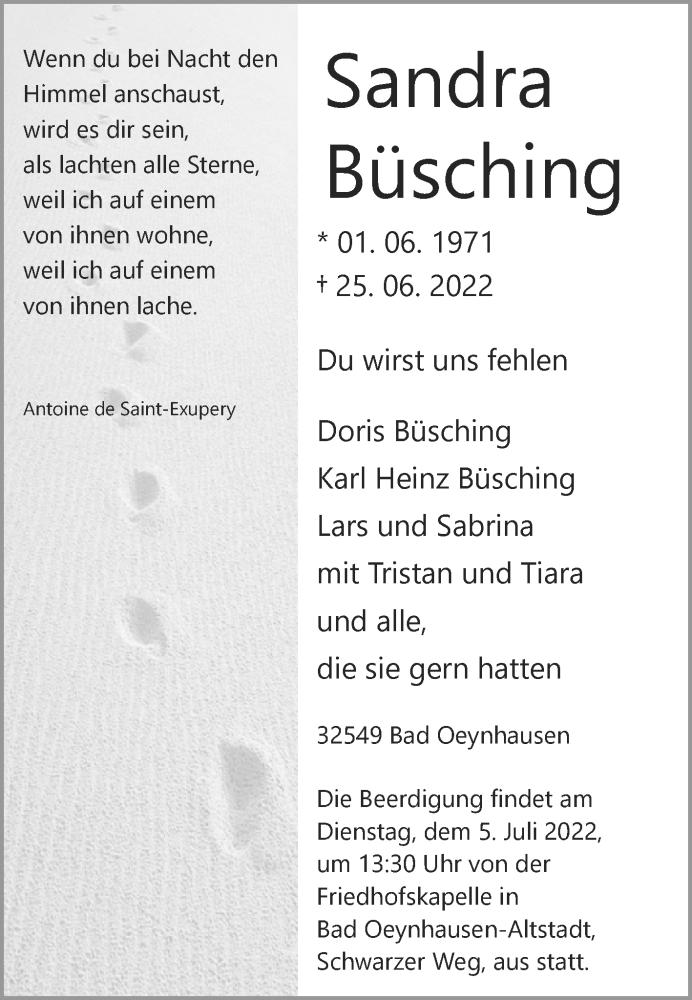  Traueranzeige für Sandra Büsching vom 29.06.2022 aus Westfalen-Blatt