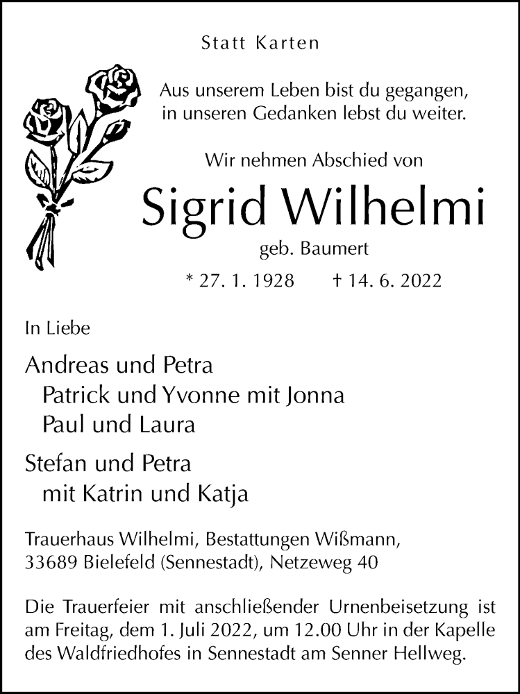  Traueranzeige für Sigrid Wilhelmi vom 22.06.2022 aus Westfalen-Blatt