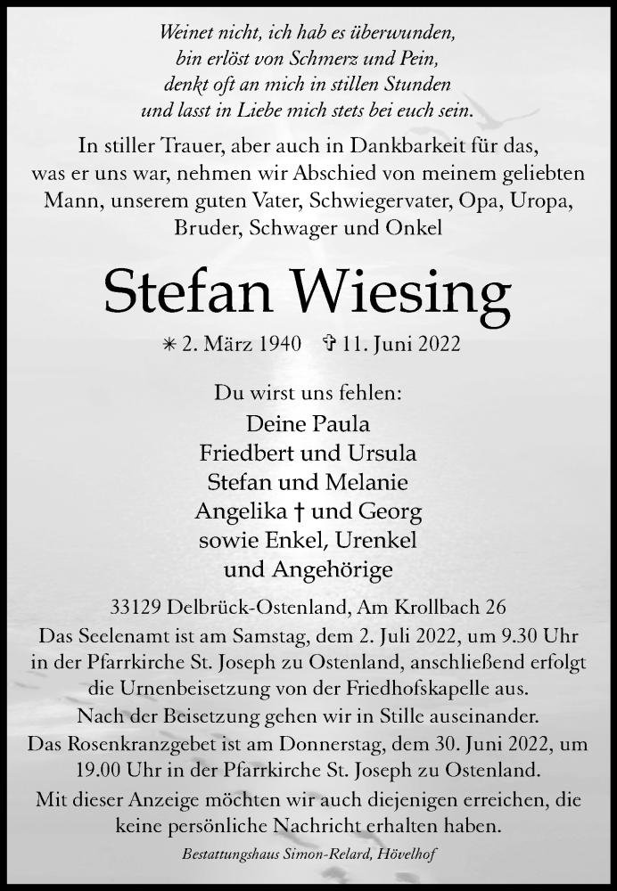  Traueranzeige für Stefan Wiesing vom 18.06.2022 aus Westfalen-Blatt