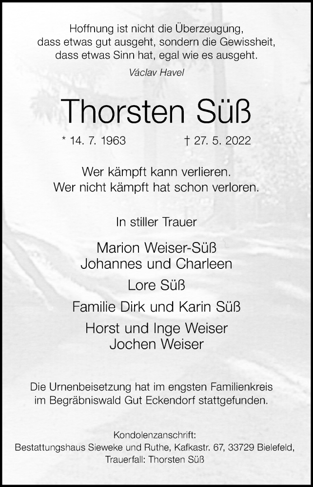  Traueranzeige für Thorsten Süß vom 11.06.2022 aus Westfalen-Blatt