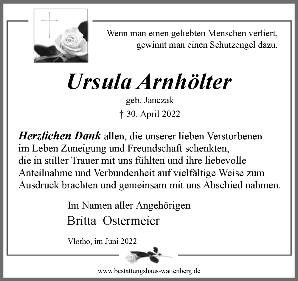  Traueranzeige für Ursula Arnhölter vom 04.06.2022 aus Westfalen-Blatt