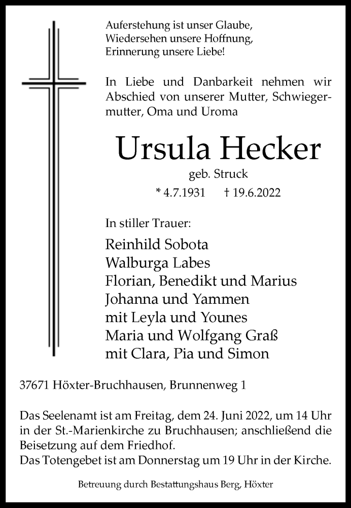  Traueranzeige für Ursula Hecker vom 22.06.2022 aus Westfalen-Blatt