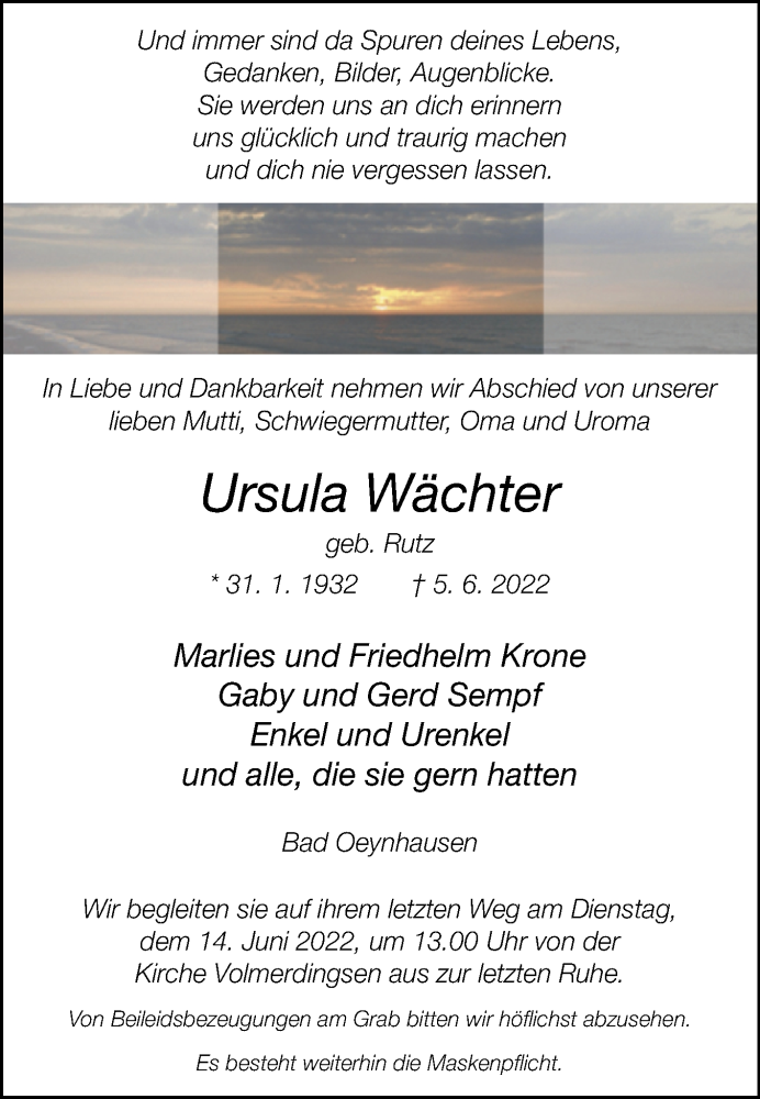  Traueranzeige für Ursula Wächter vom 08.06.2022 aus Westfalen-Blatt