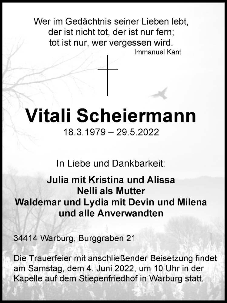  Traueranzeige für Vitali Scheiermann vom 02.06.2022 aus Westfalen-Blatt