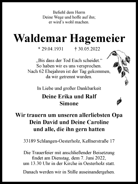 Traueranzeige von Waldemar Hagemeier von Westfalen-Blatt