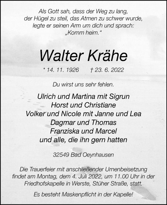 Traueranzeige von Walter Krähe von Westfalen-Blatt