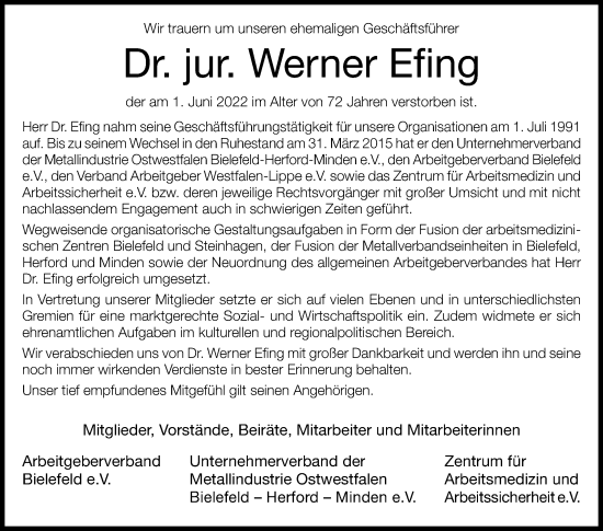 Traueranzeige von Werner Efing von Westfalen-Blatt