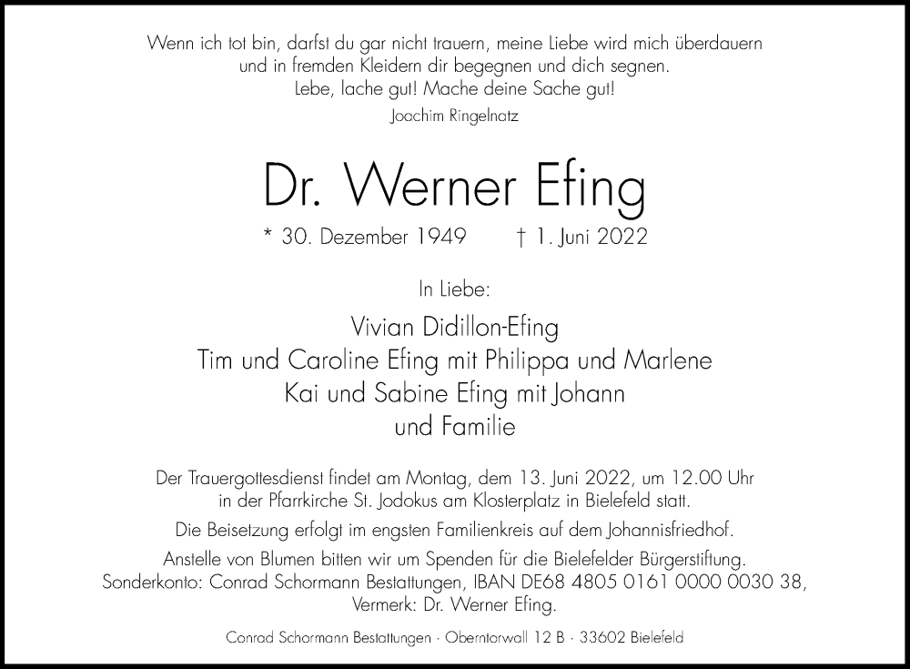  Traueranzeige für Werner Efing vom 04.06.2022 aus Westfalen-Blatt