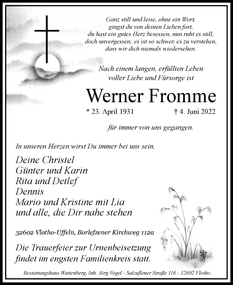  Traueranzeige für Werner Fromme vom 08.06.2022 aus Westfalen-Blatt