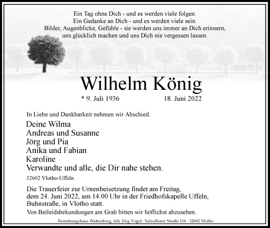 Traueranzeige von Wilhelm König von Westfalen-Blatt