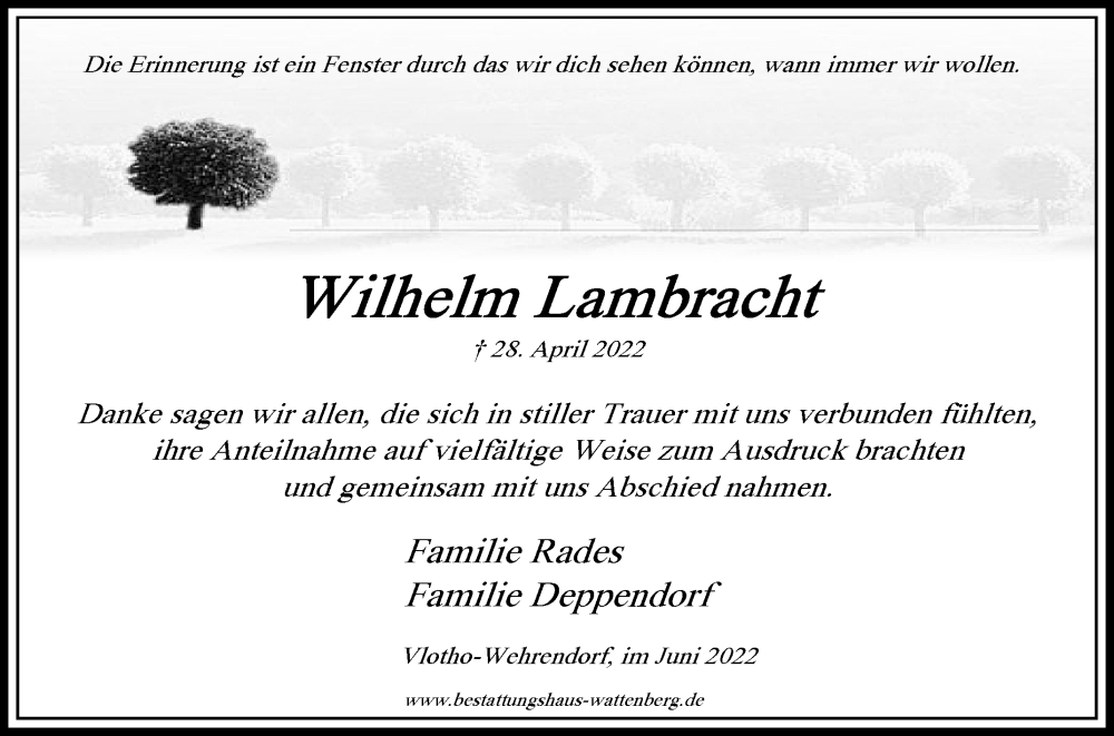  Traueranzeige für Wilhelm Lambracht vom 04.06.2022 aus Westfalen-Blatt