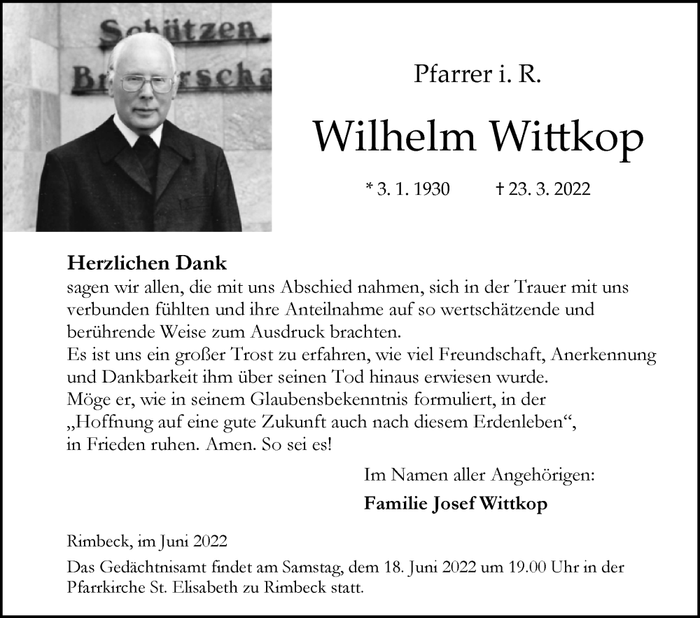  Traueranzeige für Wilhelm Wittkop vom 04.06.2022 aus Westfalen-Blatt