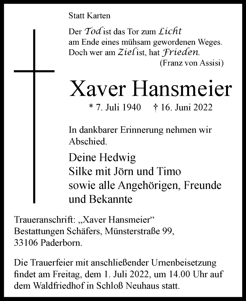  Traueranzeige für Xaver Hansmeier vom 25.06.2022 aus Westfalen-Blatt