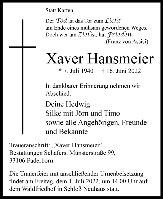 Traueranzeige von Xaver Hansmeier von Westfalen-Blatt