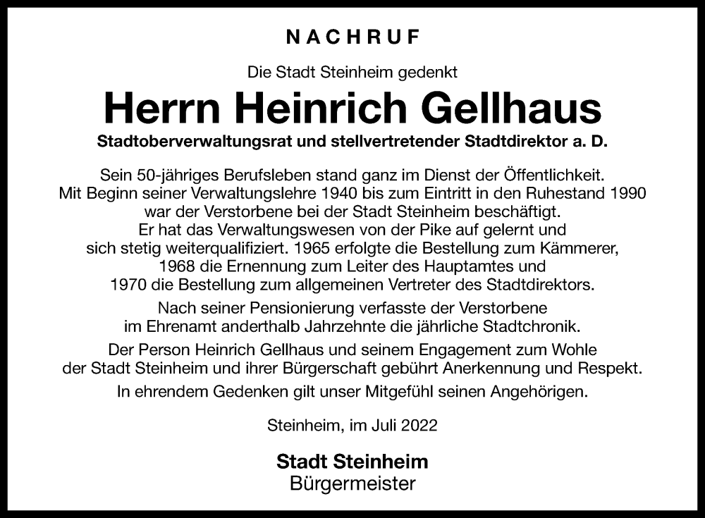  Traueranzeige für Heinz Gellhaus vom 21.07.2022 aus Westfalen-Blatt