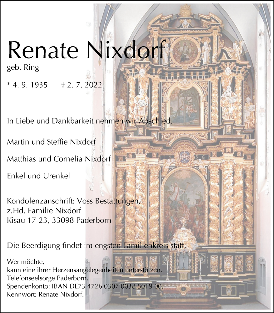  Traueranzeige für Renate Nixdorf vom 11.07.2022 aus 