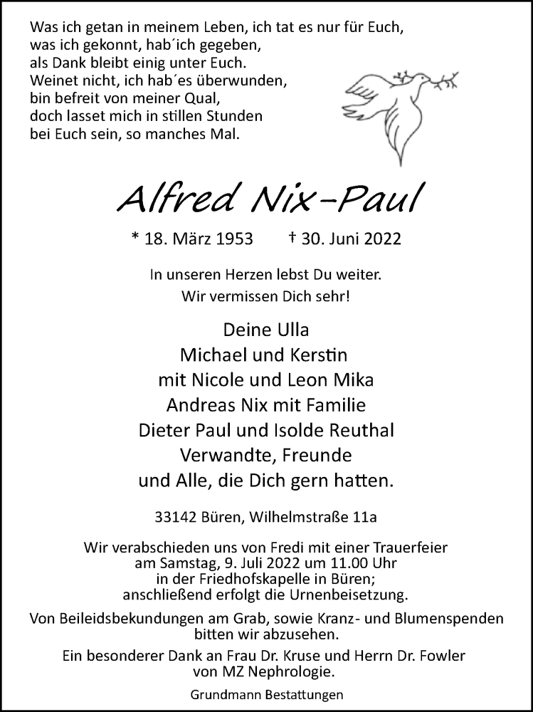  Traueranzeige für Alfred Nix-Paul vom 06.07.2022 aus Westfalen-Blatt