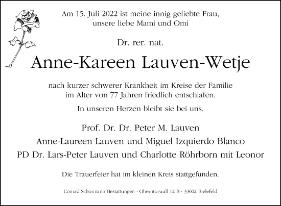 Traueranzeige von Anne-Kareen Lauven-Wetje von Westfalen-Blatt