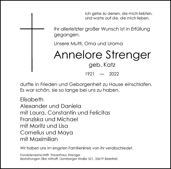 Traueranzeige von Annelore Strenger von Westfalen-Blatt