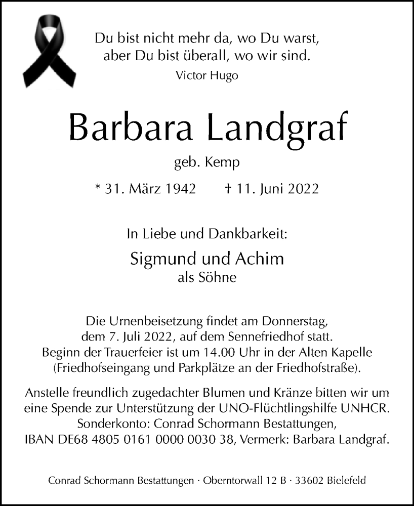  Traueranzeige für Barbara Landgraf vom 02.07.2022 aus Westfalen-Blatt