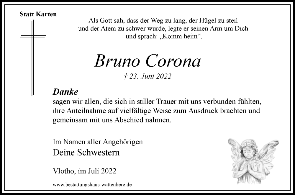  Traueranzeige für Bruno Corona vom 16.07.2022 aus Westfalen-Blatt