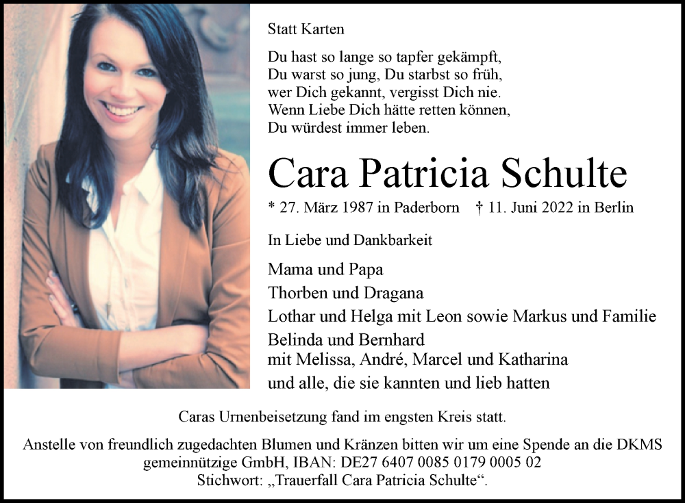  Traueranzeige für Cara Patricia Schulte vom 16.07.2022 aus Westfalen-Blatt