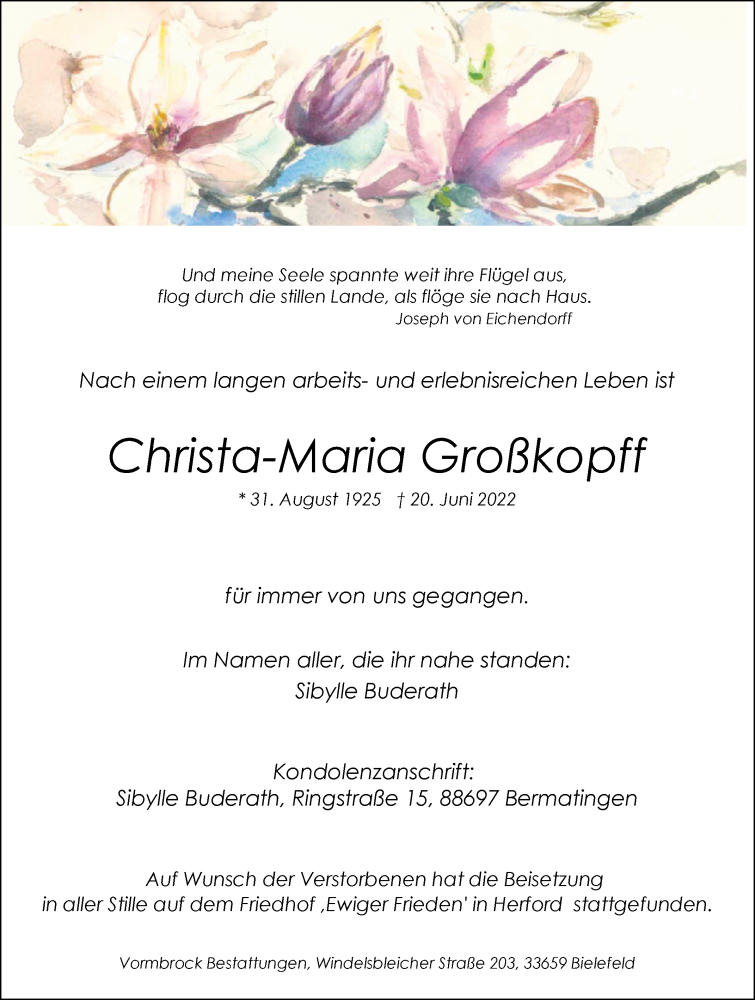 Traueranzeige für Christiana Maria Gesina Großkopff vom 02.07.2022 aus Westfalen-Blatt