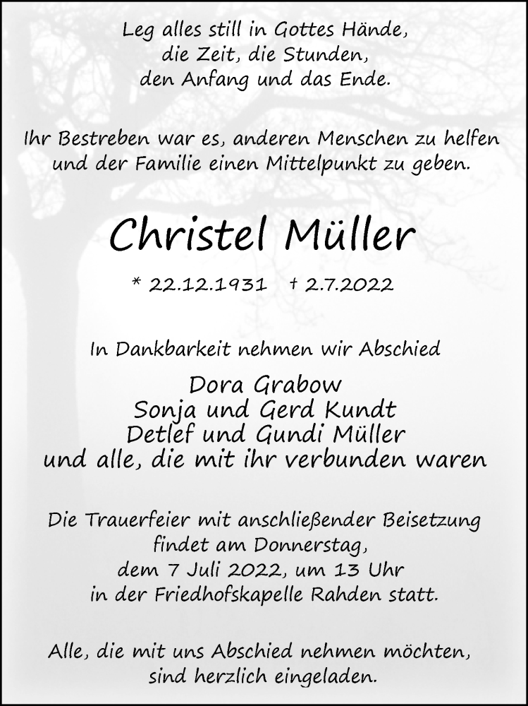  Traueranzeige für Christel Müller vom 05.07.2022 aus Westfalen-Blatt