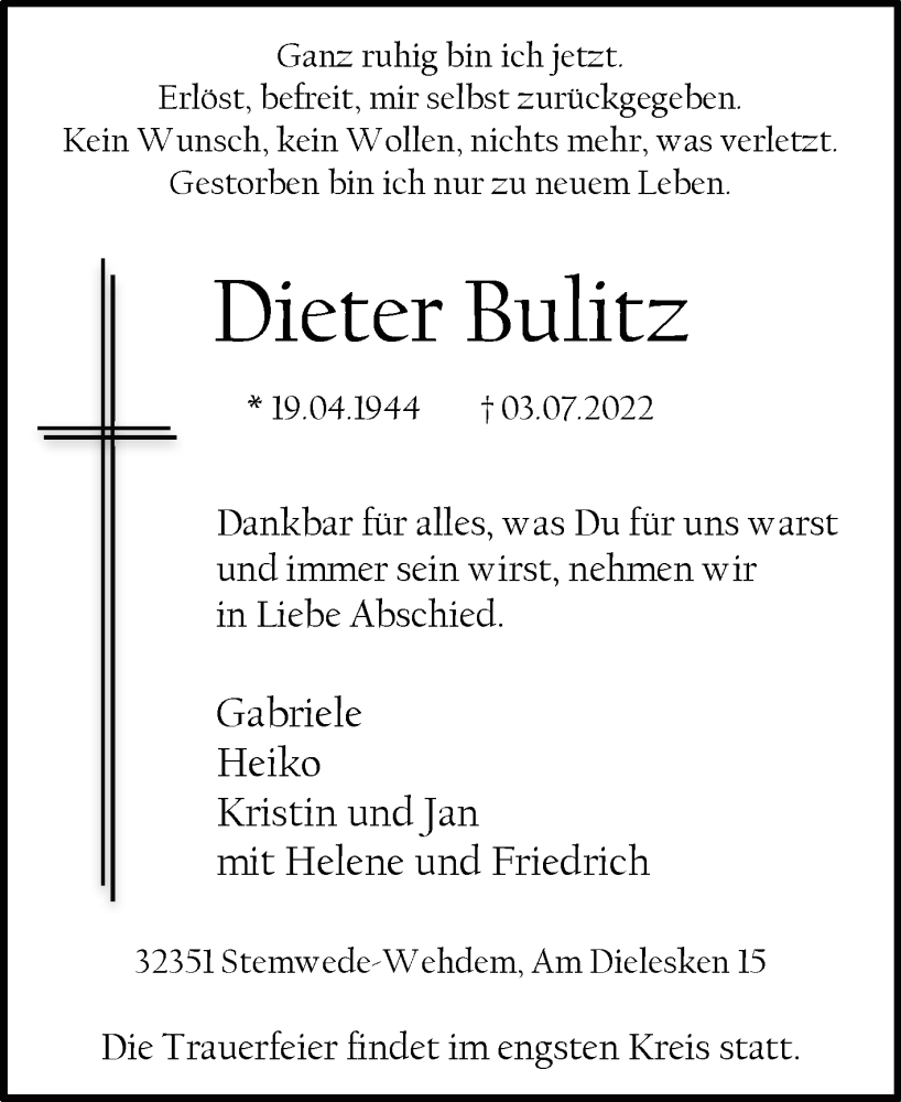 Traueranzeige für Dieter Bulitz vom 06.07.2022 aus Westfalen-Blatt