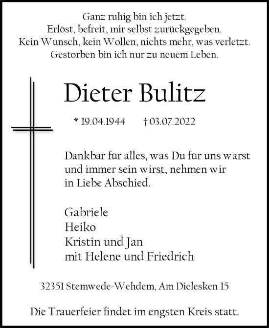 Traueranzeige von Dieter Bulitz von Westfalen-Blatt