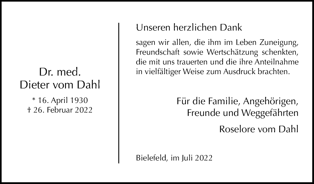  Traueranzeige für Dieter vom Dahl vom 16.07.2022 aus Westfalen-Blatt