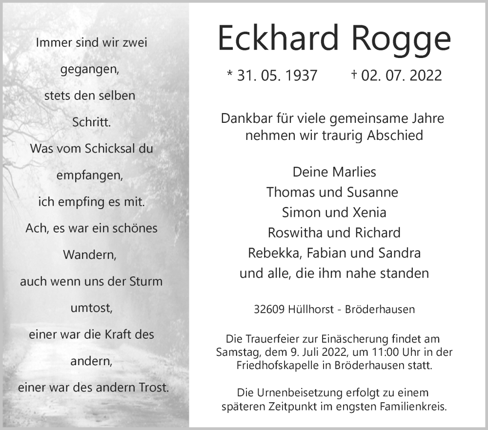  Traueranzeige für Eckhard Rogge vom 05.07.2022 aus Westfalen-Blatt