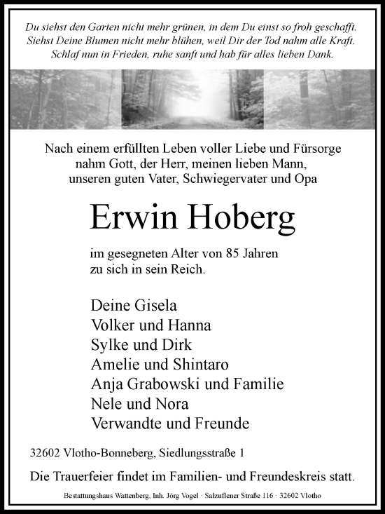 Traueranzeige von Erwin Hoberg von Westfalen-Blatt