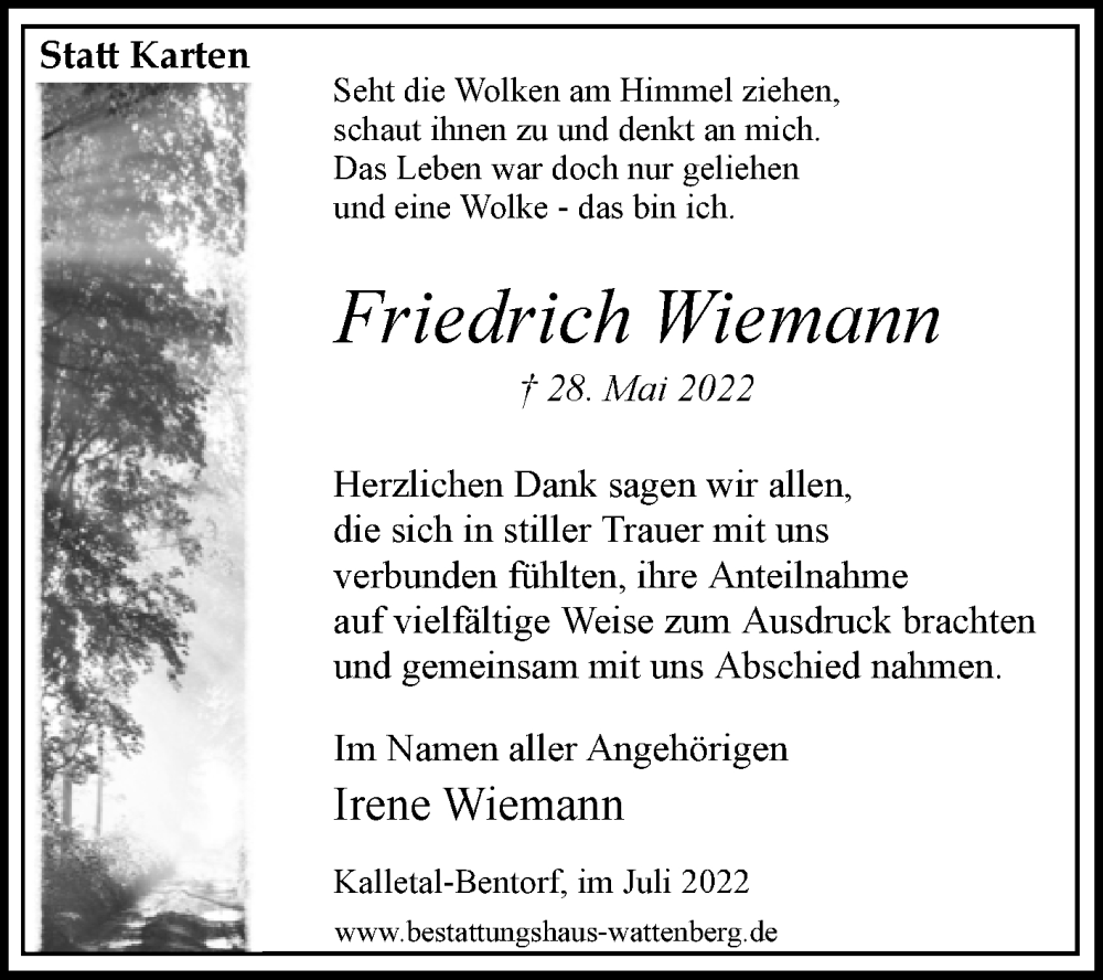  Traueranzeige für Friedrich Wiemann vom 02.07.2022 aus Westfalen-Blatt