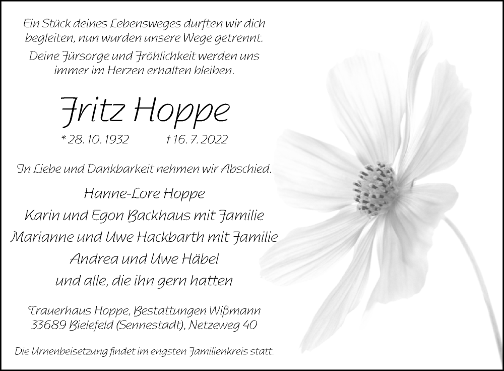  Traueranzeige für Fritz Hoppe vom 23.07.2022 aus Westfalen-Blatt