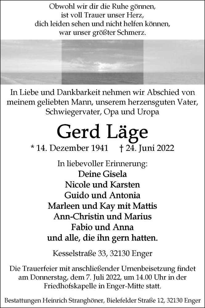  Traueranzeige für Gerd Läge vom 02.07.2022 aus Westfalen-Blatt