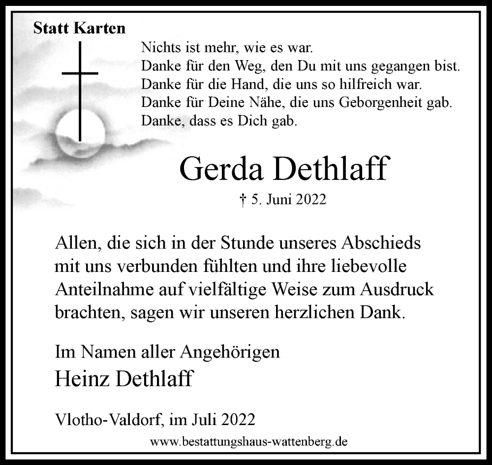  Traueranzeige für Gerda Dethlaff vom 16.07.2022 aus Westfalen-Blatt