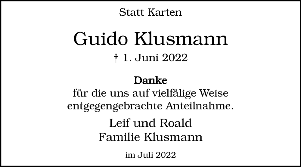  Traueranzeige für Guido Klusmann vom 09.07.2022 aus Westfalen-Blatt