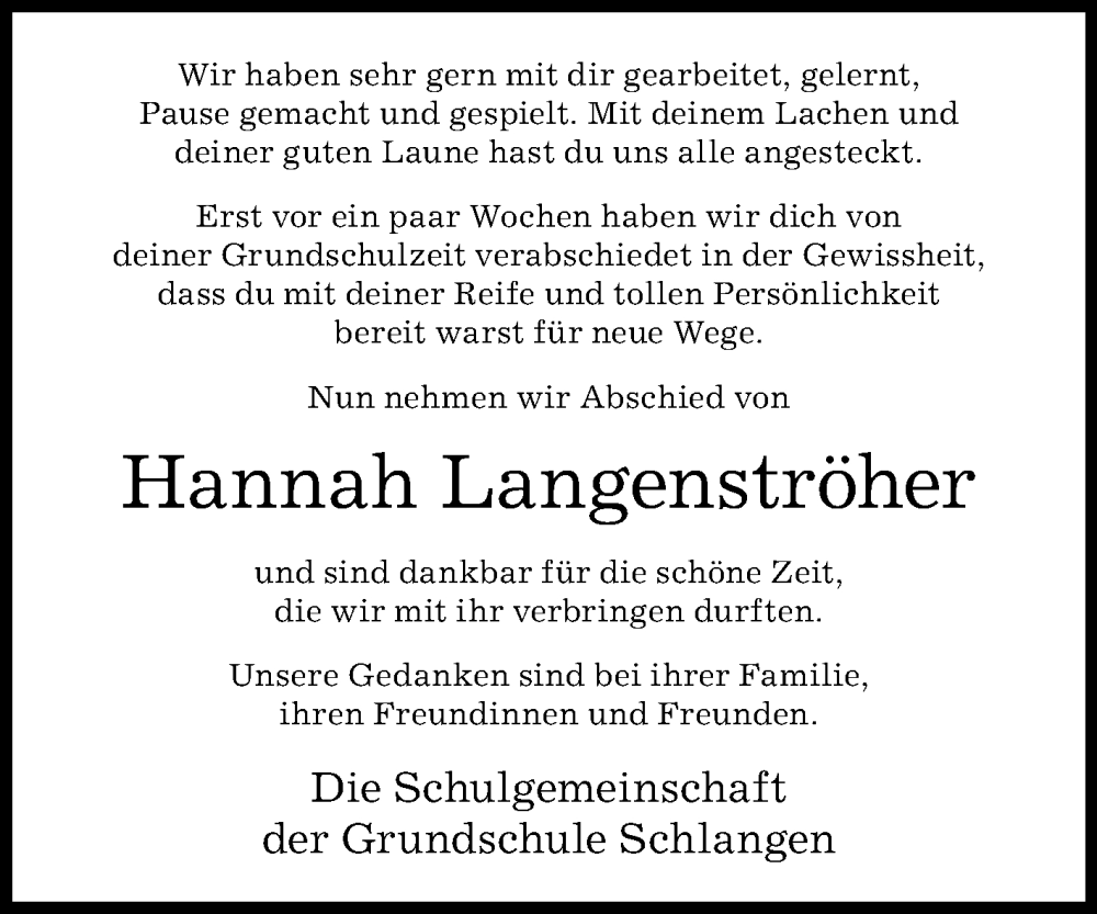  Traueranzeige für Hannah Langenströher vom 26.07.2022 aus Westfalen-Blatt