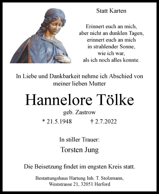 Traueranzeigen von Hannelore Tölke | www.westfalen-blatt.de