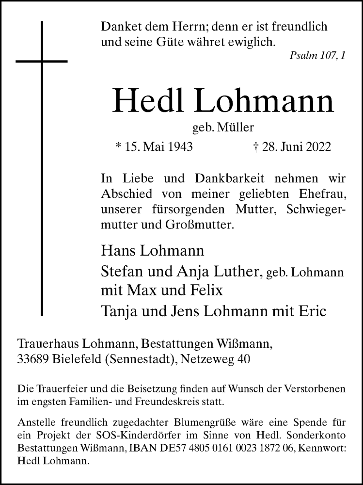  Traueranzeige für Hedl Lohmann vom 02.07.2022 aus Westfalen-Blatt